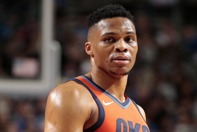 DALLAS, TX - DECEMBER 30: Russell Westbrook #0 of the Oklahoma City Thunder looks on during the game against the Dallas Mavericks on December 30, 2018 at the American Airlines Center in Dallas, Texas. NOTE TO USER: User expressly acknowledges and agrees that, by downloading and or using this photograph, User is consenting to the terms and conditions of the Getty Images License Agreement. Mandatory Copyright Notice: Copyright 2018 NBAE (Photo by Glenn James/NBAE via Getty Images)