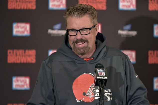 FILE - In this Dec. 9, 2018, file photo, Cleveland Browns head coach Gregg Williams answers questions during a news conference after his team defeated the Carolina Panthers in an NFL football game in Cleveland. Since being named Cleveland’s interim coach when Hue Jackson was fired on Oct. 29, Williams, the team’s in-your-grill defensive coordinator, has guided the Browns to four wins and has a team that did not win once last season playing meaningful December games and believing anything is possible. (AP Photo/David Richard, File)