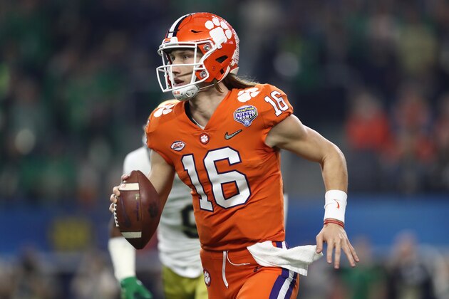 ARLINGTON, TEXAS - DECEMBER 29: Trevor Lawrence #16 of the Clemson Tigers looks to pass in the first half against the Notre Dame Fighting Irish during the College Football Playoff Semifinal Goodyear Cotton Bowl Classic at AT&T Stadium on December 29, 2018 in Arlington, Texas. (Photo by Ronald Martinez/Getty Images)