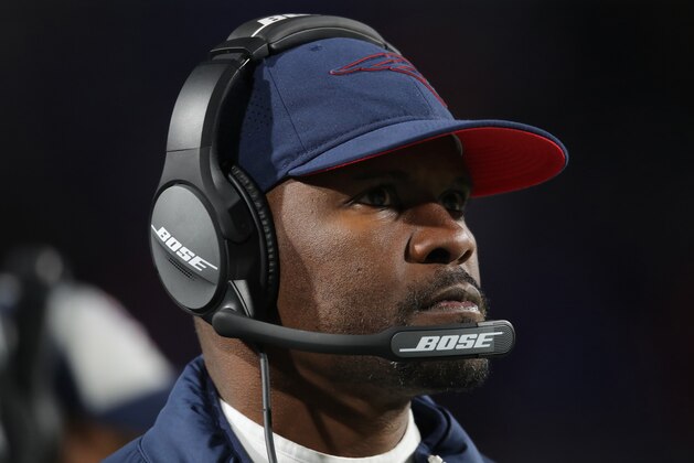BUFFALO, NY - OCTOBER 29: Linebackers coach Brian Flores of the New England Patriots looks on from the sideline during NFL game action against the Buffalo Bills at New Era Field on October 29, 2018 in Buffalo, New York. (Photo by Tom Szczerbowski/Getty Images)