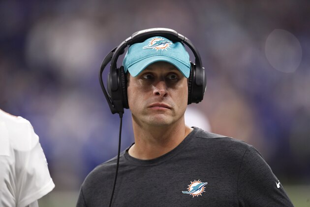 Miami Dolphins head coach Adam Gase watches his team play during an NFL football game against the Indianapolis Colts in Indianapolis, Sunday, Nov. 25, 2018. The Colts won the game 27-24. (Jeff Haynes/AP Images for Panini) Miami Dolphins head coach Adam Gase watches his team play during an NFL football game against the Indianapolis Colts in Indianapolis, Sunday, Nov. 25, 2018. The Colts won the game 27-24. (Jeff Haynes/AP Images for Panini)