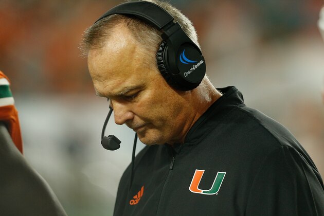 MIAMI GARDENS, FL - NOVEMBER 24:  Head coach Mark Richt of the Miami Hurricanes looks on against the Pittsburgh Panthers at Hard Rock Stadium on November 24, 2018 in Miami Gardens, Florida.  (Photo by Michael Reaves/Getty Images)
