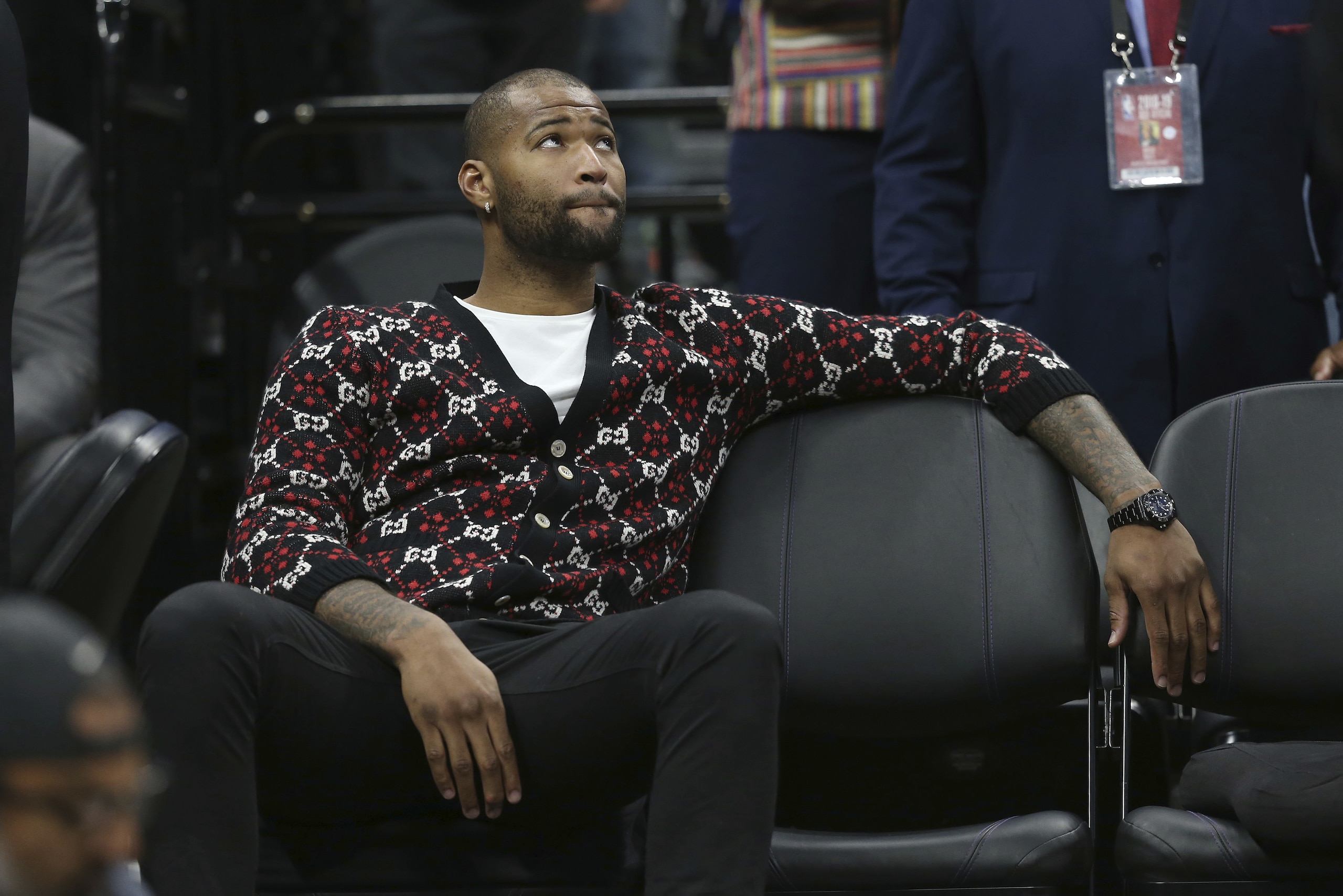Golden State Warriors center DeMarcus Cousins looks up at the scoreboard during the second half of an NBA basketball game against the his former team, the Sacramento Kings Friday, Dec. 14, 2018, in Sacramento, Calif. The Warriors won 130-125. Cousins has yet to play a game for the Warriors as he rehabs an Achilles injury. (AP Photo/Rich Pedroncelli) Golden State Warriors center DeMarcus Cousins looks up at the scoreboard during the second half of an NBA basketball game against the his former team, the Sacramento Kings Friday, Dec. 14, 2018, in Sacramento, Calif. The Warriors won 130-125. Cousins has yet to play a game for the Warriors as he rehabs an Achilles injury. (AP Photo/Rich Pedroncelli)