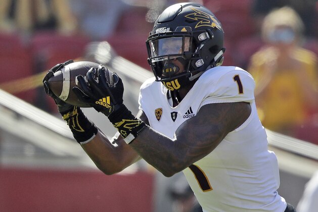 FILE - In this Oct. 27, 2018, file photo, Arizona State wide receiver N'Keal Harry makes a touchdown catch against Southern California during the first half of an NCAA college football game in Los Angeles. Harry announced Monday, Nov. 26, 2018, he will skip his senior season to enter the NFL draft. (AP Photo/Marcio Jose Sanchez, File)