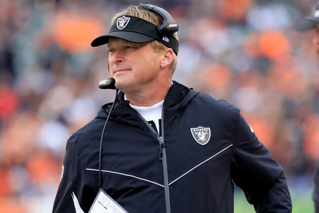 CINCINNATI, OH - DECEMBER 16:  Jon Gruden the head coach of the Oakland Raiders  watches the action against the Cincinnati Bengals at Paul Brown Stadium on December 16, 2018 in Cincinnati, Ohio.  (Photo by Andy Lyons/Getty Images)