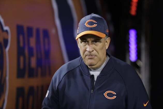 Chicago Bears defensive coordinator Vic Fangio walks to the field before an NFL football game against the Los Angeles Rams Sunday, Dec. 9, 2018, in Chicago. (AP Photo/Nam Y. Huh)