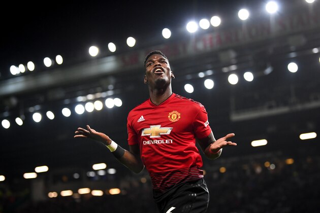 MANCHESTER, ENGLAND - DECEMBER 30: Paul Pogba of Manchester United celebrates as he scores his team's second goal during the Premier League match between Manchester United and AFC Bournemouth at Old Trafford on December 30, 2018 in Manchester, United Kingdom. (Photo by Michael Regan/Getty Images)