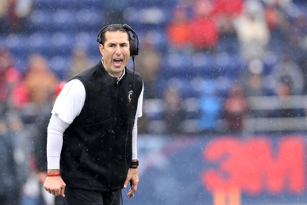 ANNAPOLIS, MARYLAND - DECEMBER 31: Head coach Luke Fickell of the Cincinnati Bearcats looks on against the Virginia Tech Hokies during the first half of the Military Bowl at Navy-Marine Corps Memorial Stadium on December 31, 2018 in Annapolis, Maryland. (Photo by Rob Carr/Getty Images)
