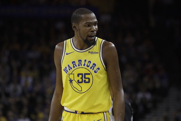 Golden State Warriors forward Kevin Durant (35) reacts against the Portland Trail Blazers during the second half of an NBA basketball game in Oakland, Calif., Thursday, Dec. 27, 2018. (AP Photo/Jeff Chiu)