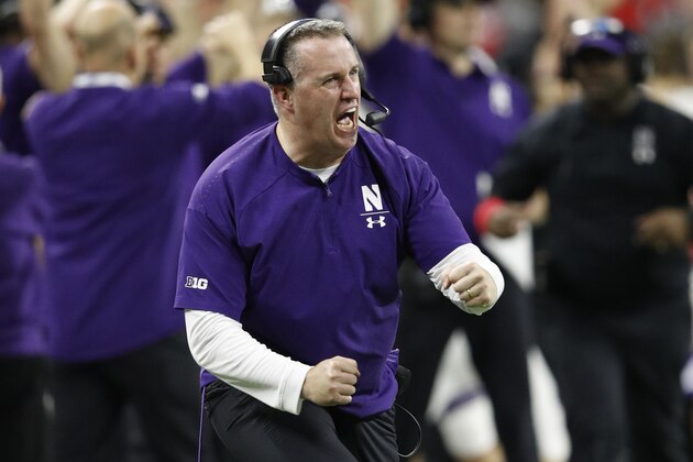 INDIANAPOLIS, INDIANA - DECEMBER 01: Head coach Pat Fitzgerald of the Northwestern Wildcats reacts after blocked field goal against the Ohio State Buckeyes in the fourth quarter at Lucas Oil Stadium on December 01, 2018 in Indianapolis, Indiana. (Photo by Joe Robbins/Getty Images)