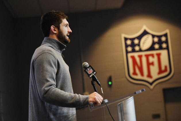 Buffalo Bills quarterback Nathan Peterman speaks during a news conference after an NFL football game against the Chicago Bears Sunday, Nov. 4, 2018, in Orchard Park, N.Y. The Bears won 41-9. (AP Photo/Adrian Kraus)