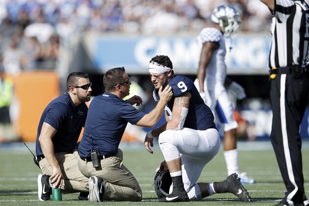 ORLANDO, FL - JANUARY 01: Trace McSorley #9 of the Penn State Nittany Lions is checked out after suffering an injury against the Kentucky Wildcats in the second quarter of the VRBO Citrus Bowl at Camping World Stadium on January 1, 2019 in Orlando, Florida. (Photo by Joe Robbins/Getty Images)