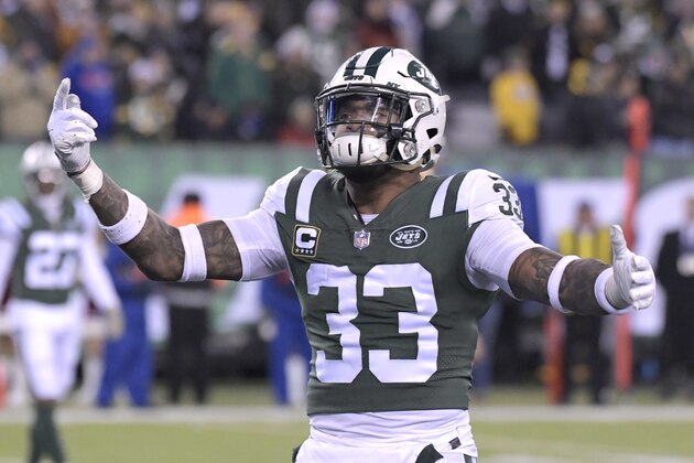 New York Jets strong safety Jamal Adams (33) reacts after a call during overtime of an NFL football game against the Green Bay Packers, Sunday, Dec. 23, 2018, in East Rutherford, N.J. The Packers won 44-38. (AP Photo/Bill Kostroun)