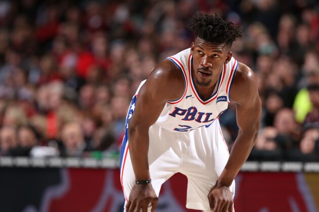 PORTLAND, OR - DECEMBER 30:  Jimmy Butler #23 of the Philadelphia 76ers looks on against the Portland Trail Blazers on December 30 , 2018 at the Moda Center Arena in Portland, Oregon. NOTE TO USER: User expressly acknowledges and agrees that, by downloading and or using this photograph, user is consenting to the terms and conditions of the Getty Images License Agreement. Mandatory Copyright Notice: Copyright 2018 NBAE (Photo by Sam Forencich/NBAE via Getty Images)