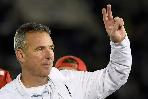 PASADENA, CA - JANUARY 01:  Ohio State Buckeyes head coach Urban Meyer celebrates winning the Rose Bowl Game presented by Northwestern Mutual at the Rose Bowl on January 1, 2019 in Pasadena, California.  (Photo by Kevork Djansezian/Getty Images)