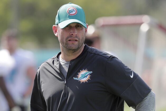 Miami Dolphins head coach Adam Gase walks on the field at the NFL football team's training camp, Thursday, July 26, 2018, in Davie, Fla. (AP Photo/Lynne Sladky)