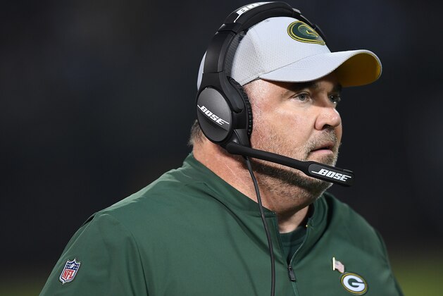 OAKLAND, CA - AUGUST 24:  Head coach Mike McCarthy of the Green Bay Packers  looks on from the sidelines against the Oakland Raiders during the first quarter of an NFL preseason football game at Oakland-Alameda County Coliseum on August 24, 2018 in Oakland, California.  (Photo by Thearon W. Henderson/Getty Images)