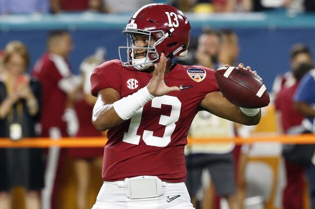 MIAMI GARDENS, FL - DECEMBER 29: Tua Tagovailoa #13 of the Alabama Crimson Tide throws the ball prior to the College Football Playoff Semifinal at the Capital One Orange Bowl against the Oklahoma Sooners at Hard Rock Stadium on December 29, 2018 in Miami Gardens, Florida. Alabama defeated Oklahoma 45-34. (Photo by Joel Auerbach/Getty Images)