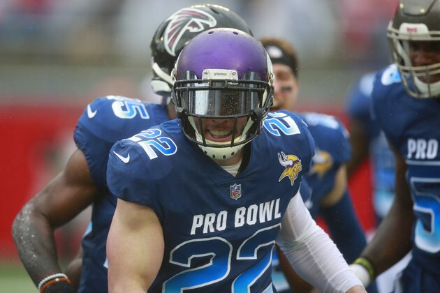 Minnesota Vikings Harrison Smith (22) celebrates after returning a touchdown during the NFL Pro Bowl football game Sunday, Jan. 28, 2018, in Orlando, Fla. The AFC won 24-23. (Jeff Haynes/AP Images for Panini)