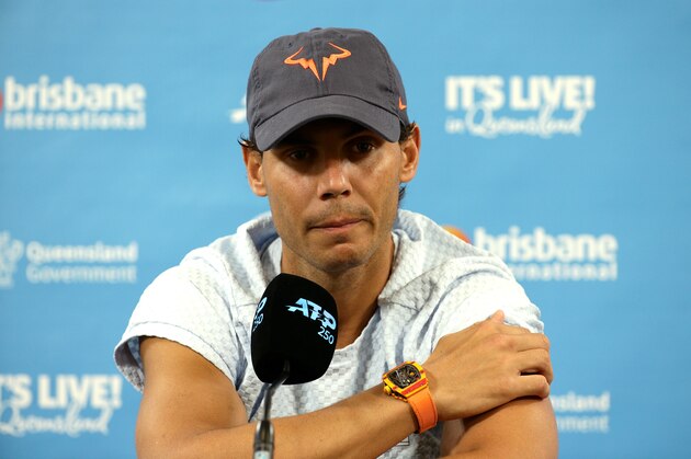 BRISBANE, AUSTRALIA - JANUARY 02: Rafael Nadal announces that he is pulling out of the tournament due to injury during day four of the 2019 Brisbane International at Pat Rafter Arena on January 02, 2019 in Brisbane, Australia. (Photo by Bradley Kanaris/Getty Images)