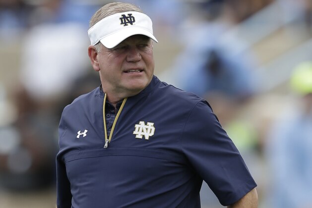 Notre Dame head coach Brian Kelly watches prior to an NCAA college football game against North Carolina in Chapel Hill, N.C., Saturday, Oct. 7, 2017. (AP Photo/Gerry Broome)
