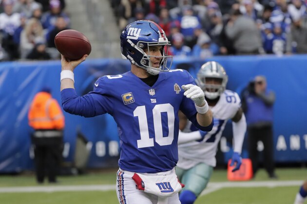 New York Giants quarterback Eli Manning looks to throw during the second half of an NFL football game against the Dallas Cowboys, Sunday, Dec. 30, 2018, in East Rutherford, N.J. (AP Photo/Frank Franklin II)