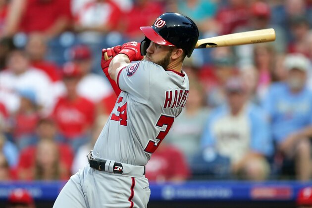 PHILADELPHIA, PA - AUGUST 27: Bryce Harper #34 of the Washington Nationals during a game against the Philadelphia Phillies at Citizens Bank Park on August 27, 2018 in Philadelphia, Pennsylvania. The Nationals won 5-3. (Photo by Hunter Martin/Getty Images)