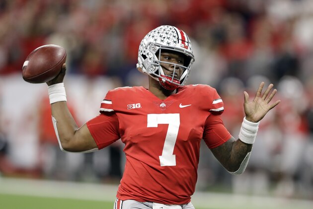 FILE - This Dec. 1, 2018, file photo shows Ohio State quarterback Dwayne Haskins (7) throwing during the first half of the Big Ten championship NCAA college football game against Northwestern, in Indianapolis. Haskins is the offensive player of the year and Michigan linebacker Devin Bush is defensive player of the year on The Associated Press All-Big Ten Conference team released Wednesday, Dec. 5, 2018. (AP Photo/Darron Cummings, File)