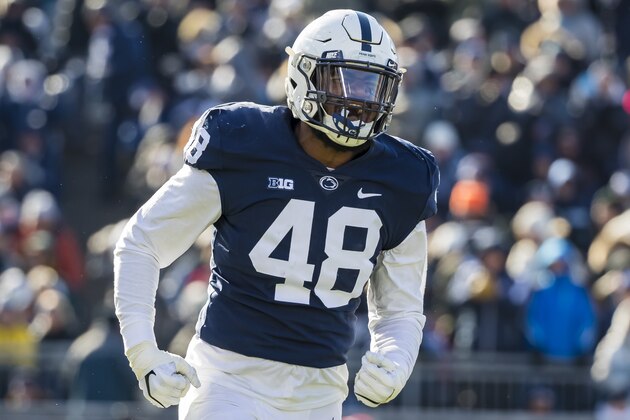 STATE COLLEGE, PA - NOVEMBER 10: Shareef Miller #48 of the Penn State Nittany Lions reacts after recording a sack against the Wisconsin Badgers during the first half at Beaver Stadium on November 10, 2018 in State College, Pennsylvania.  (Photo by Scott Taetsch/Getty Images)