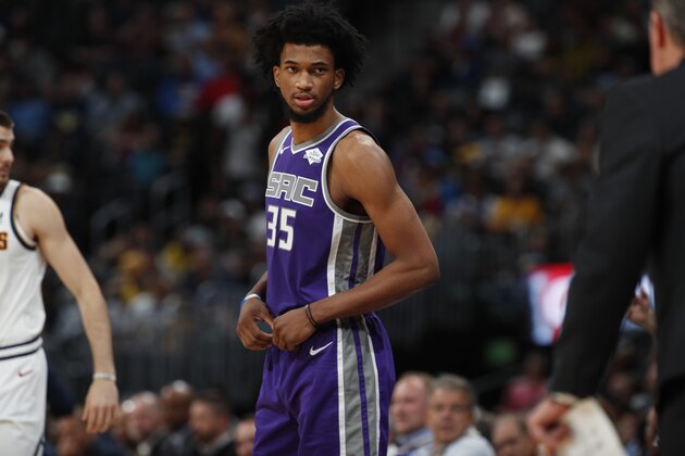 Sacramento Kings forward Marvin Bagley III (35) in the first half of an NBA basketball game Tuesday, Oct. 23, 2018, in Denver. (AP Photo/David Zalubowski)