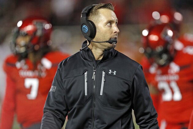 FILE - In this Nov. 10, 2018, file photo, Texas Tech Kliff Kingsbury walks off the field during the first half of an NCAA college football game against Texas, in Lubbock, Texas. Former Texas Tech quarterback Kliff Kingsbury is again on the hot seat as coach of his alma mater. (AP Photo/Brad Tollefson, File)