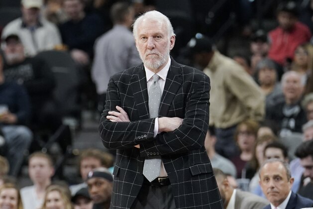 San Antonio Spurs coach Gregg Popovich watches play during the second half of the team's NBA basketball game against the Denver Nuggets, Wednesday, Dec. 26, 2018, in San Antonio. San Antonio won 111-103. (AP Photo/Darren Abate)