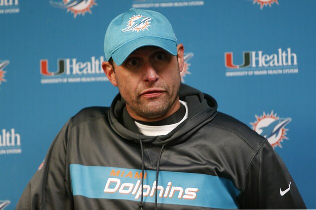 Miami Dolphins head coach Adam Gase answers questions during a news conference after an NFL football game against the Buffalo Bills, Sunday, Dec. 30, 2018, in Orchard Park, N.Y. The Bills won 42-17. (AP Photo/Jeffrey T. Barnes)