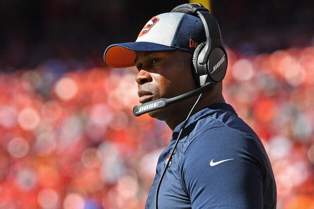 KANSAS CITY, MO - OCTOBER 28:  Head coach Vance Joseph of the Denver Broncos looks on from the sideline during the second half against the Kansas City Chiefs on October 28, 2018 at Arrowhead Stadium in Kansas City, Missouri.  (Photo by Peter G. Aiken/Getty Images)