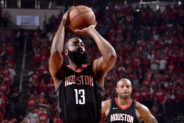 HOUSTON, TX - MAY 14:  James Harden #13 of the Houston Rockets shoots a free throw against the Golden State Warriors in Game One of the Western Conference Finals of the 2018 NBA Playoffs on May 14, 2018 at the Toyota Center in Houston, Texas. NOTE TO USER: User expressly acknowledges and agrees that, by downloading and or using this photograph, User is consenting to the terms and conditions of the Getty Images License Agreement. Mandatory Copyright Notice: Copyright 2018 NBAE (Photo by Bill Baptist/NBAE via Getty Images)