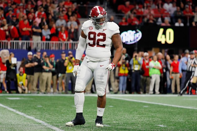 ATLANTA, GA - DECEMBER 01:  Quinnen Williams #92 of the Alabama Crimson Tide reacts after sacking Jake Fromm #11 of the Georgia Bulldogs (not pictured) in the first half during the 2018 SEC Championship Game at Mercedes-Benz Stadium on December 1, 2018 in Atlanta, Georgia.  (Photo by Kevin C. Cox/Getty Images)