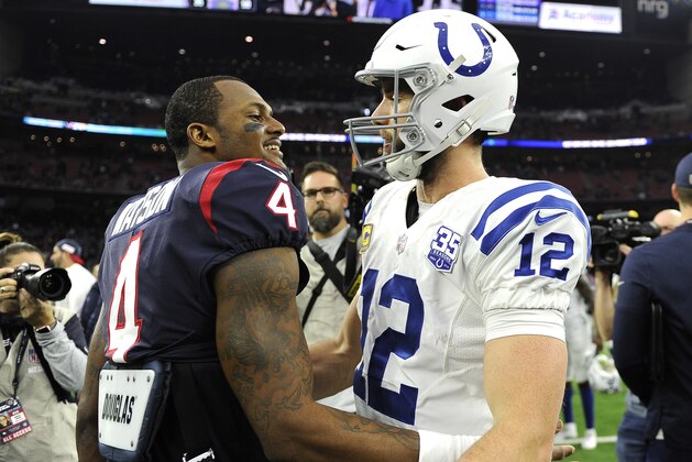 Indianapolis Colts quarterback Andrew Luck (12) hugs Houston Texans quarterback Deshaun Watson (4) after an NFL football game Sunday, Dec. 9, 2018, in Houston. The Colts won 24-21. (AP Photo/Eric Christian Smith) Indianapolis Colts quarterback Andrew Luck (12) hugs Houston Texans quarterback Deshaun Watson (4) after an NFL football game Sunday, Dec. 9, 2018, in Houston. The Colts won 24-21. (AP Photo/Eric Christian Smith)