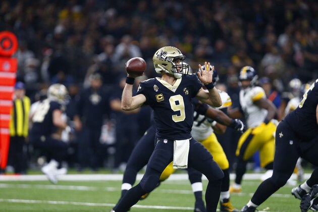 New Orleans Saints quarterback Drew Brees (9) passes in the first half of an NFL football game against the Pittsburgh Steelers in New Orleans, Sunday, Dec. 23, 2018. (AP Photo/Butch Dill)
