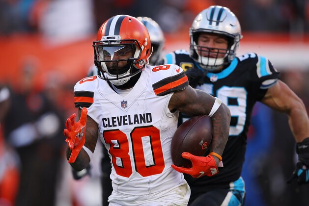 CLEVELAND, OH - DECEMBER 09:  Jarvis Landry #80 of the Cleveland Browns carries the ball during the fourth quarter against the Carolina Panthers at FirstEnergy Stadium on December 9, 2018 in Cleveland, Ohio. (Photo by Gregory Shamus/Getty Images)