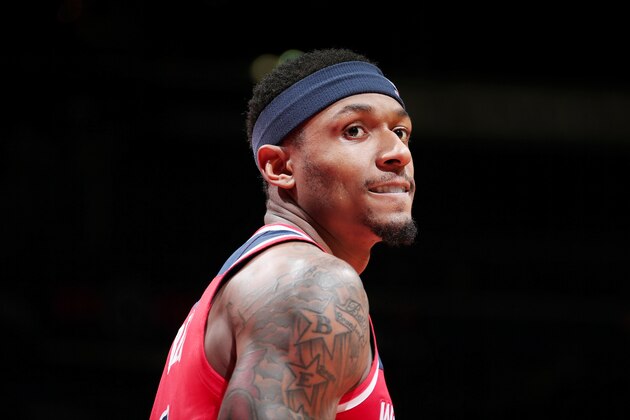 WASHINGTON, DC -  JANUARY 2: Bradley Beal #3 of the Washington Wizards looks on during the game against the Atlanta Hawks on January 2, 2019 at Capital One Arena in Washington, DC. NOTE TO USER: User expressly acknowledges and agrees that, by downloading and or using this Photograph, user is consenting to the terms and conditions of the Getty Images License Agreement. Mandatory Copyright Notice: Copyright 2019 NBAE (Photo by Ned Dishman/NBAE via Getty Images)