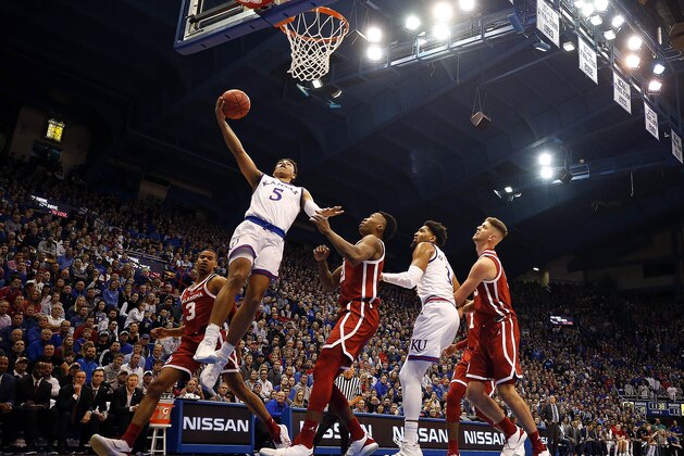 LAWRENCE, KANSAS - JANUARY 02:  Quentin Grimes #5 of the Kansas Jayhawks scores on a fast break during the game against the Oklahoma Sooners at Allen Fieldhouse on January 02, 2019 in Lawrence, Kansas. (Photo by Jamie Squire/Getty Images)