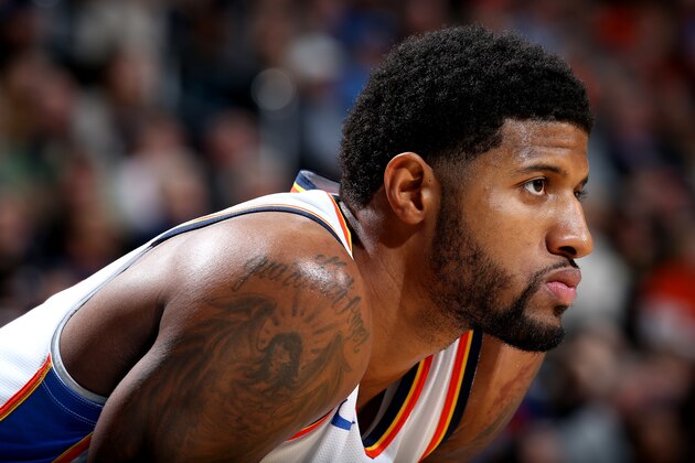 OKLAHOMA CITY, OK - DECEMBER 31: Paul George #13 of the Oklahoma City Thunder looks on against the Dallas Mavericks on December 31, 2018 at Chesapeake Energy Arena in Oklahoma City, Oklahoma. NOTE TO USER: User expressly acknowledges and agrees that, by downloading and or using this photograph, User is consenting to the terms and conditions of the Getty Images License Agreement. Mandatory Copyright Notice: Copyright 2018 NBAE (Photo by Zach Beeker/NBAE via Getty Images)