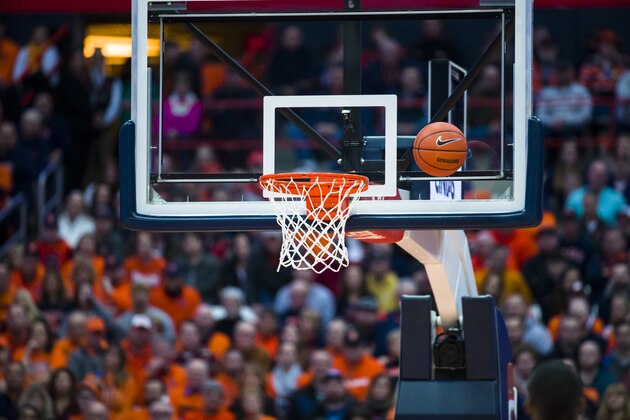 SYRACUSE, NY - DECEMBER 08:  A Nike basketball bounces near the rim during the game between the Syracuse Orange and the Georgetown Hoyas at the Carrier Dome on December 8, 2018 in Syracuse, New York. Syracuse defeats Georgetown 72-71. (Photo by Brett Carlsen/Getty Images) *** Local Caption ***