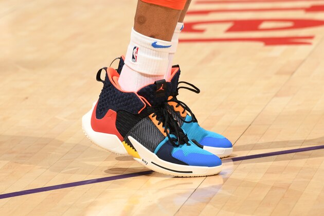 LOS ANGELES, CA - JANUARY 2:  Sneakers of Russell Westbrook #0 of the Oklahoma City Thunder on January 2, 2019 at STAPLES Center in Los Angeles, California. NOTE TO USER: User expressly acknowledges and agrees that, by downloading and/or using this Photograph, user is consenting to the terms and conditions of the Getty Images License Agreement. Mandatory Copyright Notice: Copyright 2019 NBAE (Photo by Andrew D. Bernstein/NBAE via Getty Images)