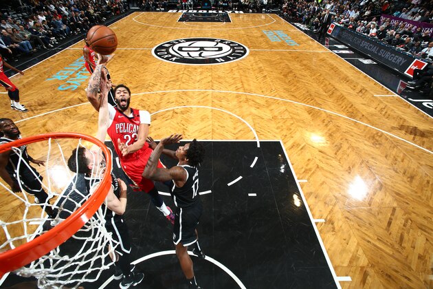 BROOKLYN, NY - JANUARY 2:  Anthony Davis #23 of the New Orleans Pelicans shoots the ball against the Brooklyn Nets on January 2, 2019 at Barclays Center in Brooklyn, New York. NOTE TO USER: User expressly acknowledges and agrees that, by downloading and or using this Photograph, user is consenting to the terms and conditions of the Getty Images License Agreement. Mandatory Copyright Notice: Copyright 2019 NBAE (Photo by Nathaniel S. Butler/NBAE via Getty Images)