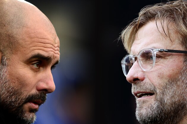 FILE PHOTO (EDITORS NOTE: COMPOSITE OF IMAGES - Image numbers 911384050,856402376 - GRADIENT ADDED) In this composite image a comparison has been made between Josep Guardiola, Manager of Manchester City (L) and Liverpool manager Jurgen Klopp. Manchester City and Liverpool FC meet in a Premier League fixture at the Etihad Stadium on January 3, 2019 in Manchester.    ***LEFT IMAGE*** CARDIFF, WALES - JANUARY 28: Josep Guardiola, Manager of Manchester City looks on prior to The Emirates FA Cup Fourth Round between Cardiff City and Manchester City on January 28, 2018 in Cardiff, United Kingdom. (Photo by Harry Trump/Getty Images) ***RIGHT IMAGE***  NEWCASTLE UPON TYNE, ENGLAND - OCTOBER 01: Liverpool manager Jurgen Klopp looks on during the Premier League match between Newcastle United and Liverpool at St. James Park on October 1, 2017 in Newcastle upon Tyne, England. (Photo by Ian MacNicol/Getty Images)