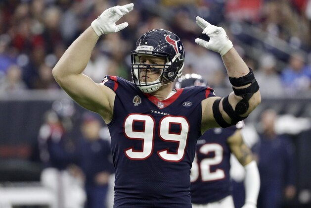 Houston Texans defensive end J.J. Watt (99) reacts to a play during the first half of an NFL football game against the Jacksonville Jaguars, Sunday, Dec. 30, 2018, in Houston. (AP Photo/David J. Phillip)