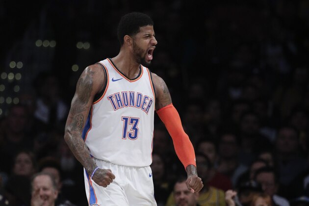 Oklahoma City Thunder's Paul George reacts after making a basket during the second half of the team's NBA basketball game against the Los Angeles Lakers, Wednesday, Jan. 2, 2019, in Los Angeles. The Thunder won 107-100. (AP Photo/Jae C. Hong) Oklahoma City Thunder's Paul George reacts after making a basket during the second half of the team's NBA basketball game against the Los Angeles Lakers, Wednesday, Jan. 2, 2019, in Los Angeles. The Thunder won 107-100. (AP Photo/Jae C. Hong)