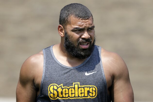 FILE - In this July 29, 2016, file photo, Pittsburgh Steelers defensive end Cameron Heyward (97) participates in a practice at the NFL football team's training camp in Latrobe, Pa. Suddenly, Cam Heyward finds himself the oldest player on the Pittsburgh Steelers defensive line. Entering his sixth season, Heyward has grown into the role of mentor for Stephon Tuitt, Javon Hargrave and others. (AP Photo/Gene J. Puskar, File)