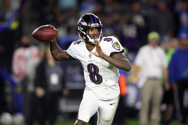 CARSON, CA - DECEMBER 22:  Lamar Jackson #8 of the Baltimore Ravens looks to pass during the second half of a game agains the Los Angeles Chargers at StubHub Center on December 22, 2018 in Carson, California.  (Photo by Sean M. Haffey/Getty Images)